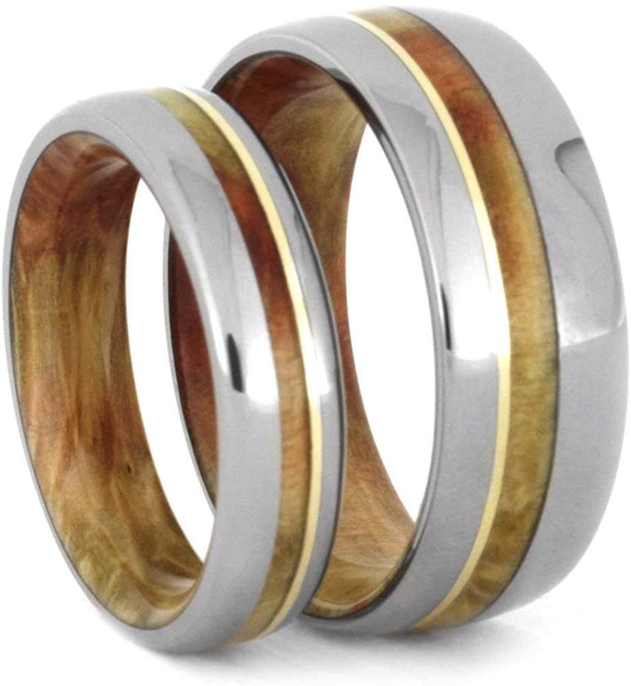 Titanium, 14k Yellow Gold Stripe, Comfort-Fit Flame Box Elder Burl Wood Band, Couples Wedding Rings, M 14-F5.5