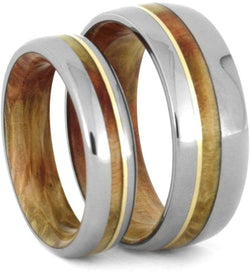 Titanium, 14k Yellow Gold Stripe, Comfort-Fit Flame Box Elder Burl Wood Band, Couples Wedding Rings, M 15.5-F8.5