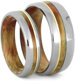Titanium, 14k Yellow Gold Stripe, Comfort-Fit Flame Box Elder Burl Wood Band, Couples Wedding Rings