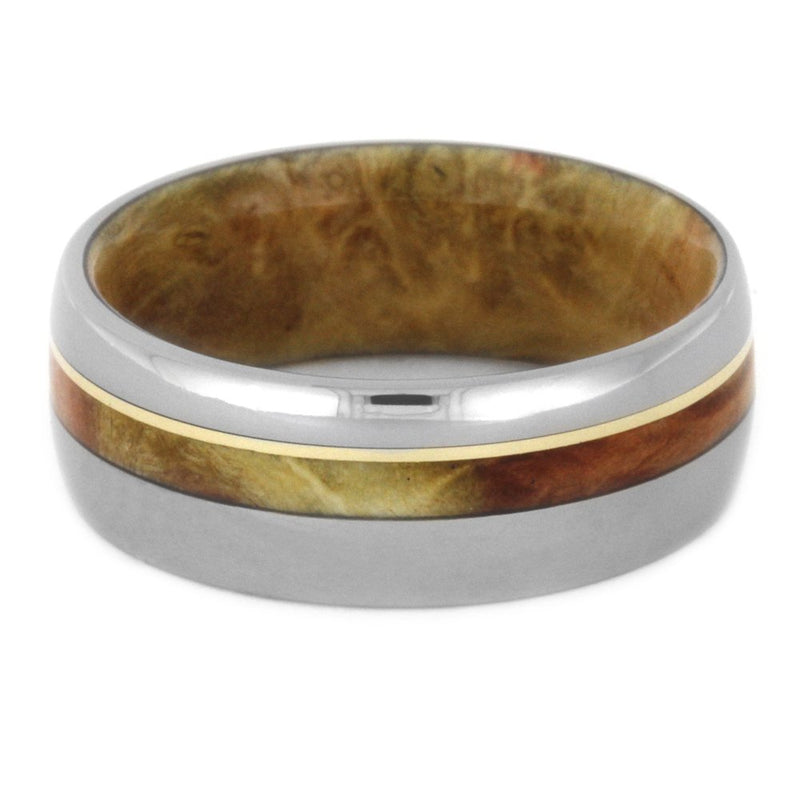 Flame Box Elder Burl, 14k Yellow Gold 8mm Comfort-Fit Titanium Wedding Band