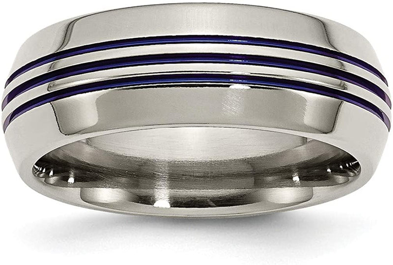 Titanium, Anodized Blue Groove 8mm Comfort-Fit Ring, Size 10.5