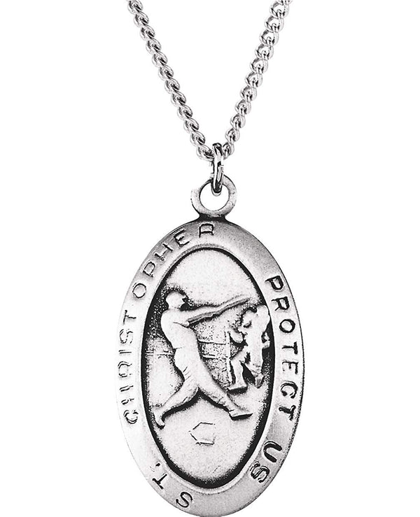 Sterling Silver St. Christopher Medal for Baseball Players Necklace, 24" (24.5x15.5 MM)