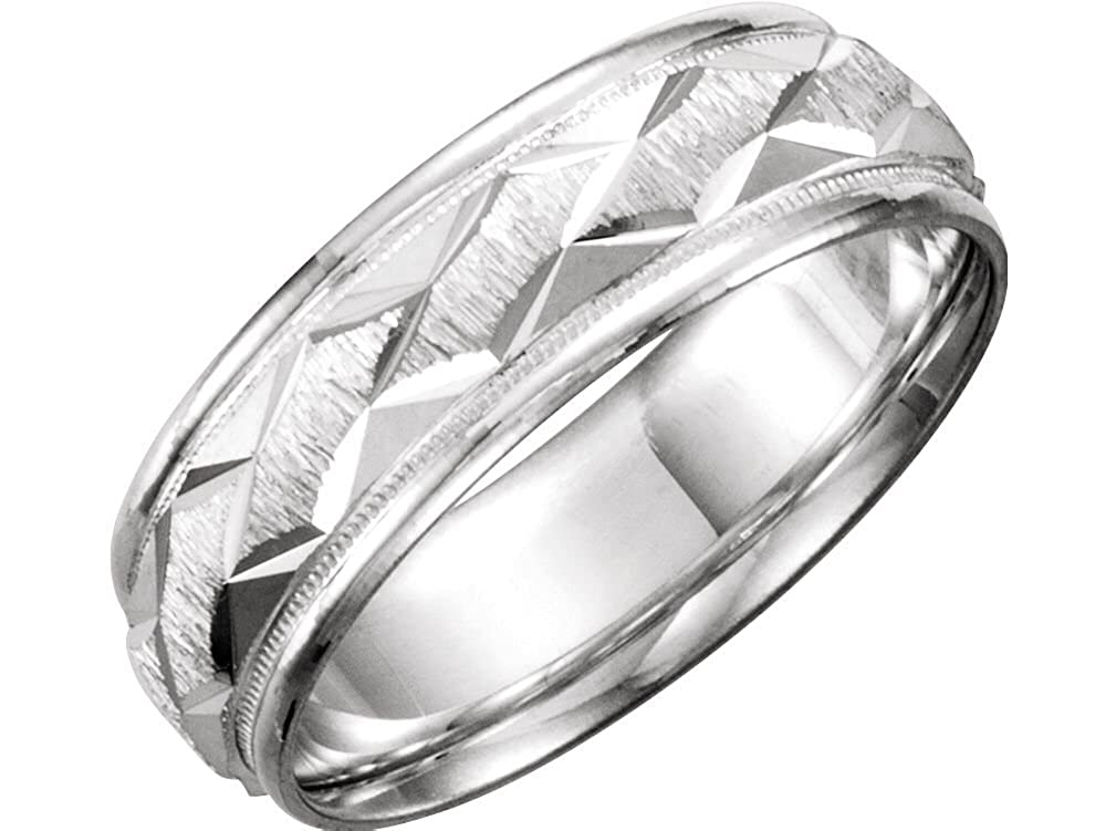 Diamond-Cut Ice Finish Milgrain 7mm 10k White Gold Comfort Fit Patterned Band, Size 11