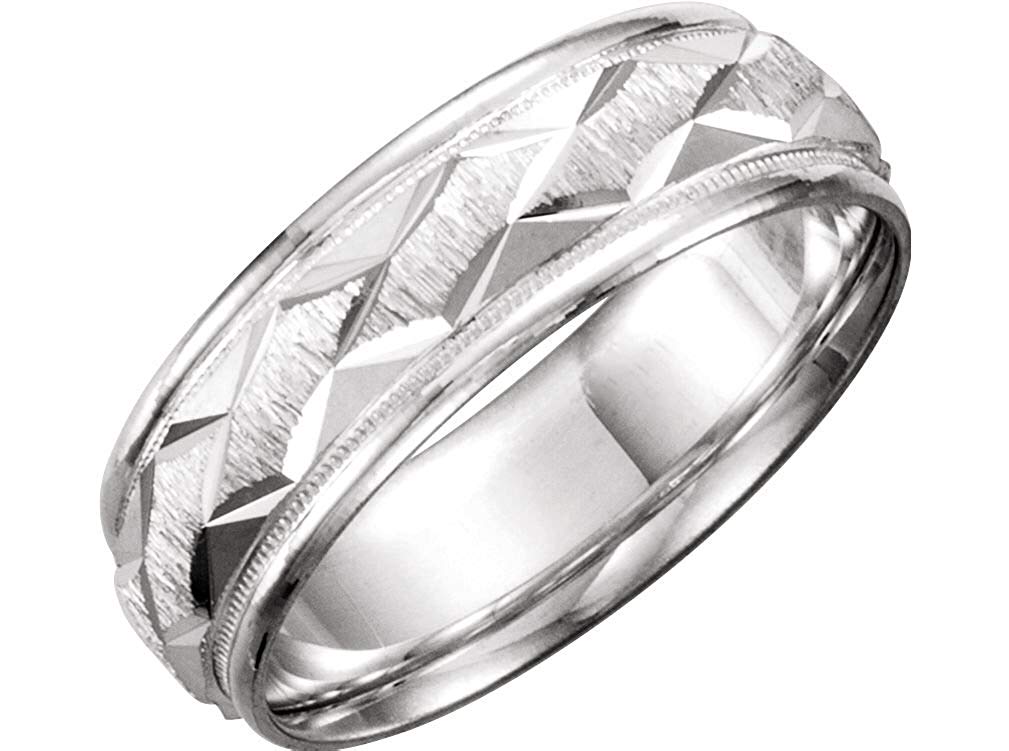 Diamond-Cut Ice Finish Milgrain 7mm 10k White Gold Comfort Fit Patterned Band, Size 13.5