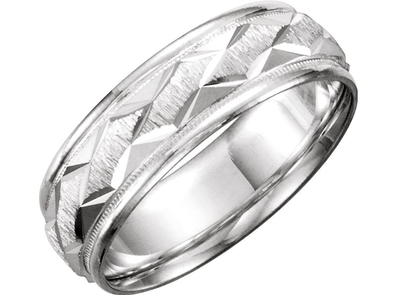 18k White Gold Ice Finished Diamond-Cut 7mm Comfort Fit Patterned Band