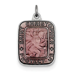 Sterling Silver Pink Enamel Square St. Christopher Medal Pendant (21X15MM)