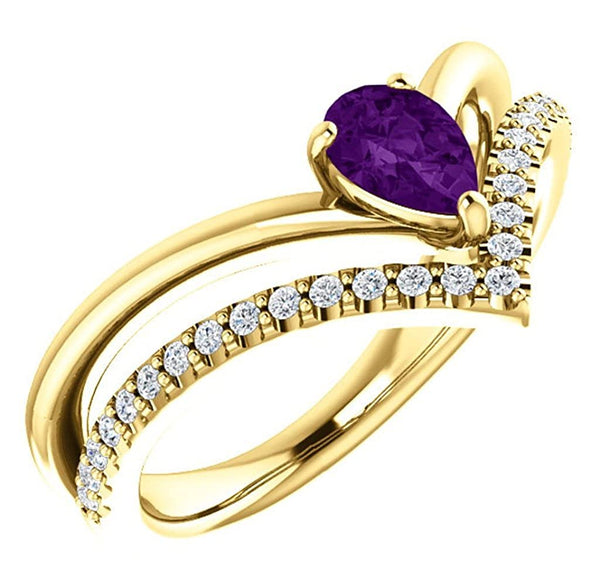 Amethyst Pear and Diamond Chevron 14k Yellow Gold Ring (.145 Ctw, G-H Color, I1 Clarity)