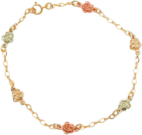 Petite Rose Chain Bracelet, 10k Yellow Gold, 12k Green and Rose Gold Black Hills Gold Motif