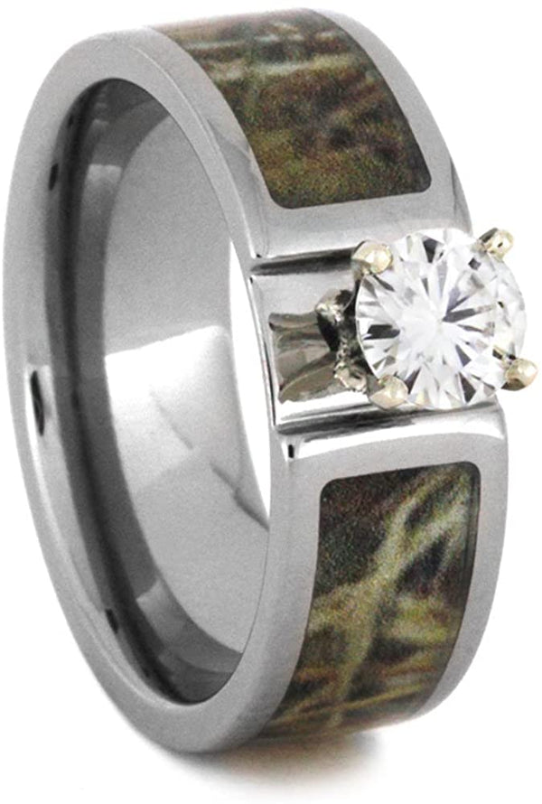 Forever One Moissanite with Camo Inlay 7mm Comfort-Fit Titanium Band, Size 15.25