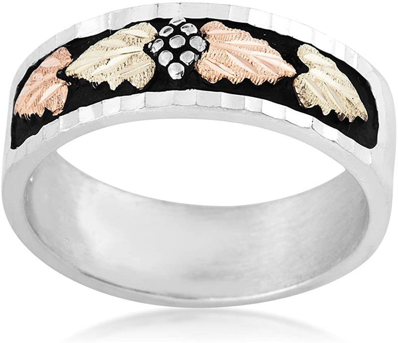 Tri-Tone Leaf Antiqued Band, Sterling Silver, 12k Green and Rose Gold Black Hills Gold Motif, Size 4.5