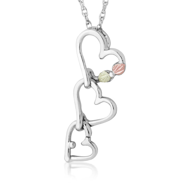 Graduated Heart Necklace, Sterling Silver, 12k Green and Rose Gold Black Hills Gold Motif, 18''