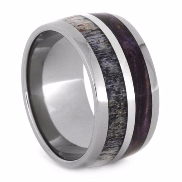 Deer Antler, Purple Box Elder Wood, White Gold 12mm Comfort-Fit Titanium Band