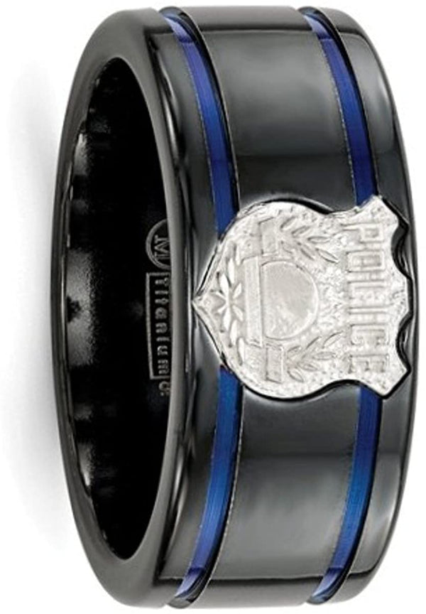Edward Mirell Black Titanium Blue Anodized with SS Police Shield Tag 10mm Flat Band, Size 8