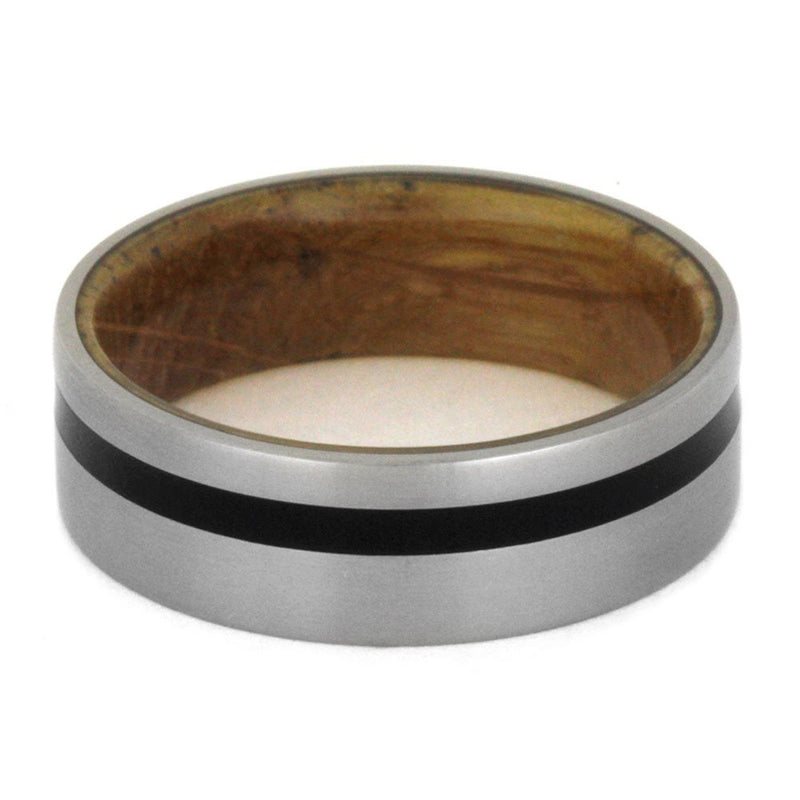 Matte Titanium, Black Pinstripe 6.5mm Comfort-Fit Whiskey Barrel Wood Wedding Band