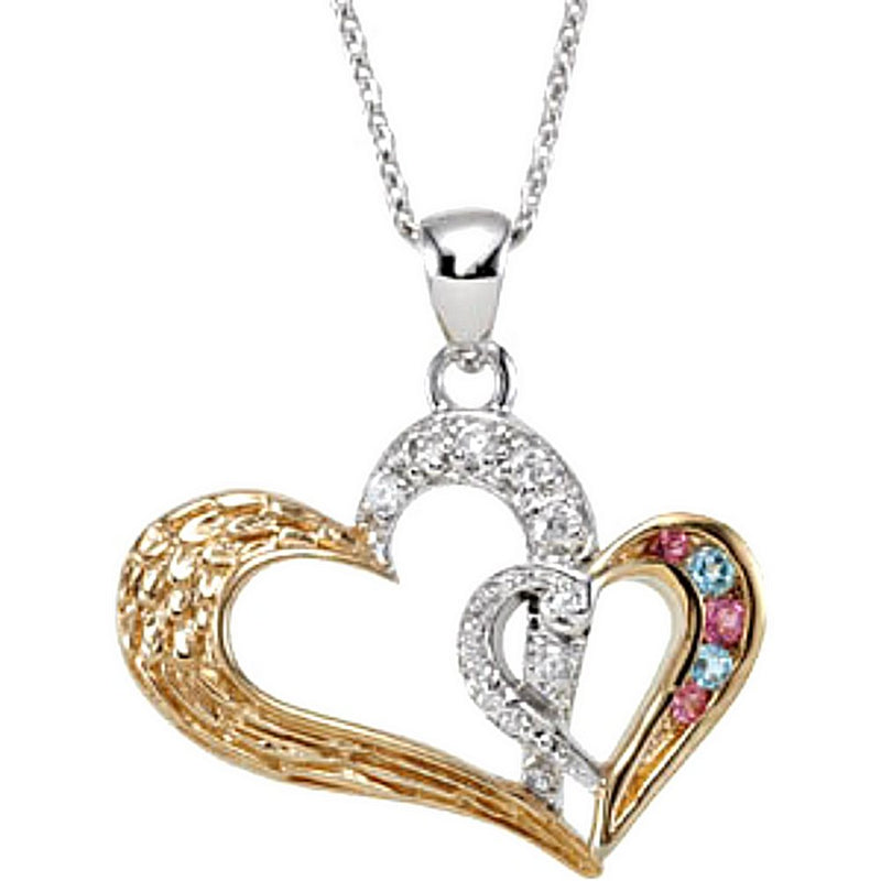 Two-Tone Hearts 'Protected by Love of God and Mom' Pendant Necklace, Rhodium Plate Sterling Silver, Yellow Gold Plated Silver, 18"