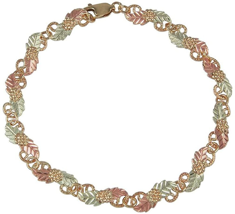 Jewelry Black Hills Gold 10k Yellow Gold, 12k Green and Rose Gold Scalloped Grape Cluster Link Bracelet, 7"