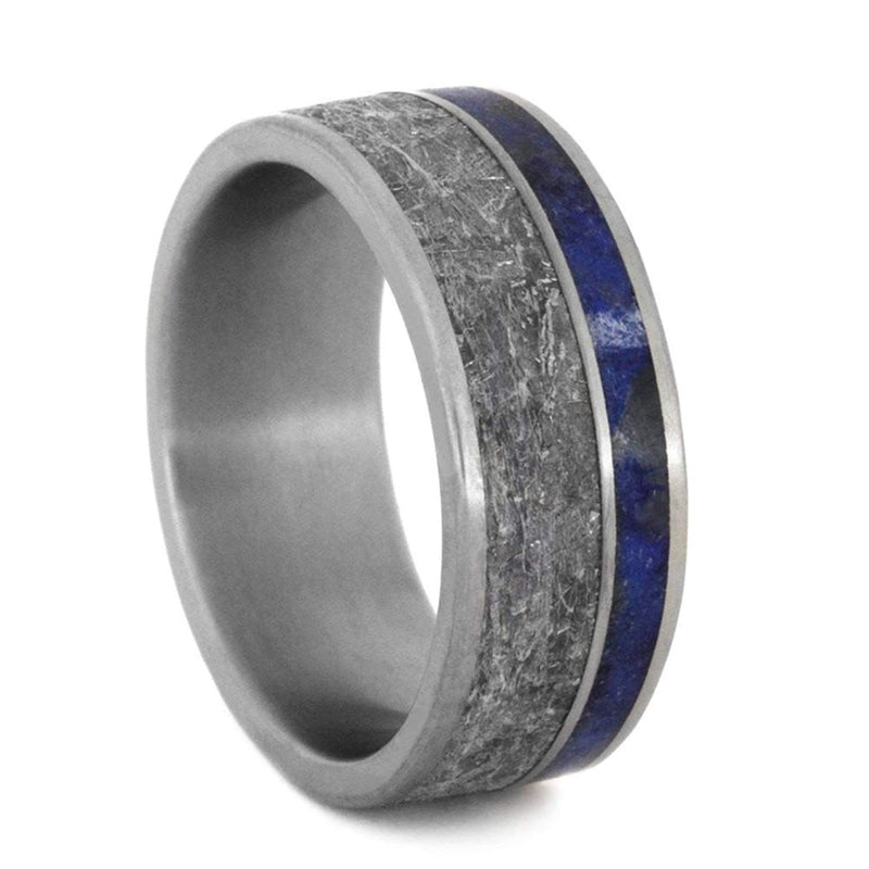 White Sapphire, Gibeon Meteorite, Lapis Lazuli Ring and Gibeon Meteorite, Lapis Lazuli Titanium Band, Couples Wedding Band Set