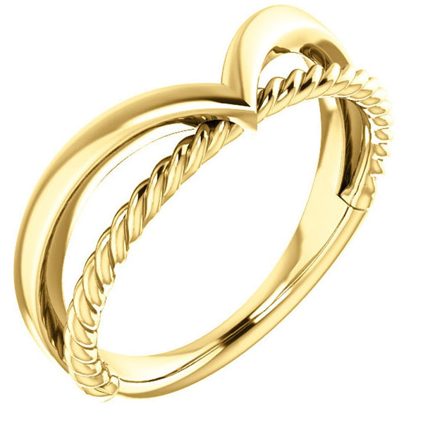 Negative Space Rope Trim and Curved 'V' Ring, 14k Yellow Gold, Size 6.25