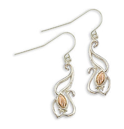 Swirl Design with Inlaid Leaves Earrings, Sterling Silver, 12k Green and Rose Gold Black Hills Gold Motif