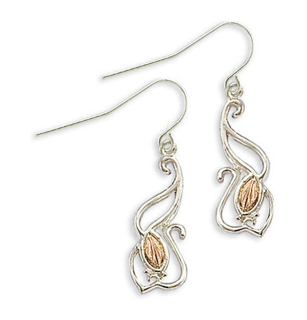 Swirl Design with Inlaid Leaves Earrings, Sterling Silver, 12k Green and Rose Gold Black Hills Gold Motif