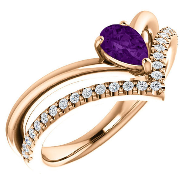 Amethyst Pear and Diamond Chevron 14k Rose Gold Ring (.145 Ctw,G-H Color, I1 Clarity)