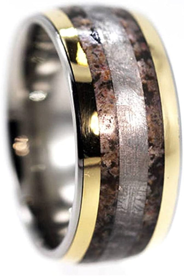 Dinosaur Bone, 14k Yellow Gold Pinstripe, Gibeon Meteorite 11mm Comfort Fit Titanium Wedding Band, Size 9.5