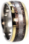 Dinosaur Bone, 14k Yellow Gold Pinstripe, Gibeon Meteorite 11mm Comfort Fit Titanium Wedding Band, Size 10.25