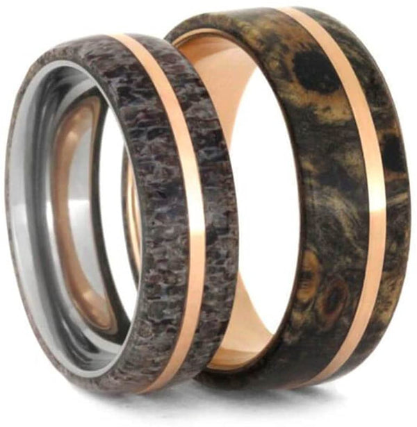 His and Hers 14k Rose Gold Buckeye Burl Wood Band and Deer Antler, 14k Rose Gold Titanium Band Sizes M14.5-F7
