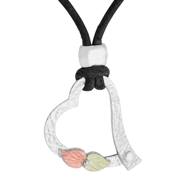 Pebble Finish Heart with Black Cord Pendant Necklace, Sterling Silver, 12k Green and Rose Gold Black Hills Gold Motif, 18"