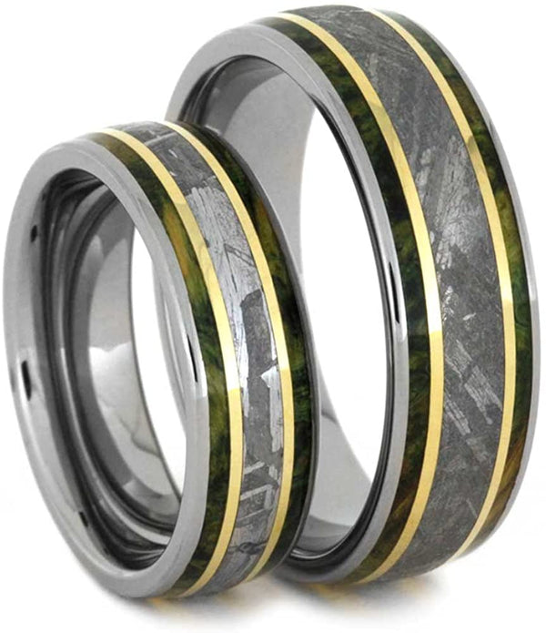 His and Hers Titanium Wedding Band Set, Gibeon Meteorite, Green Box Elder Burl Wood, 14k Yellow Gold Ring, M14.5-F7.5