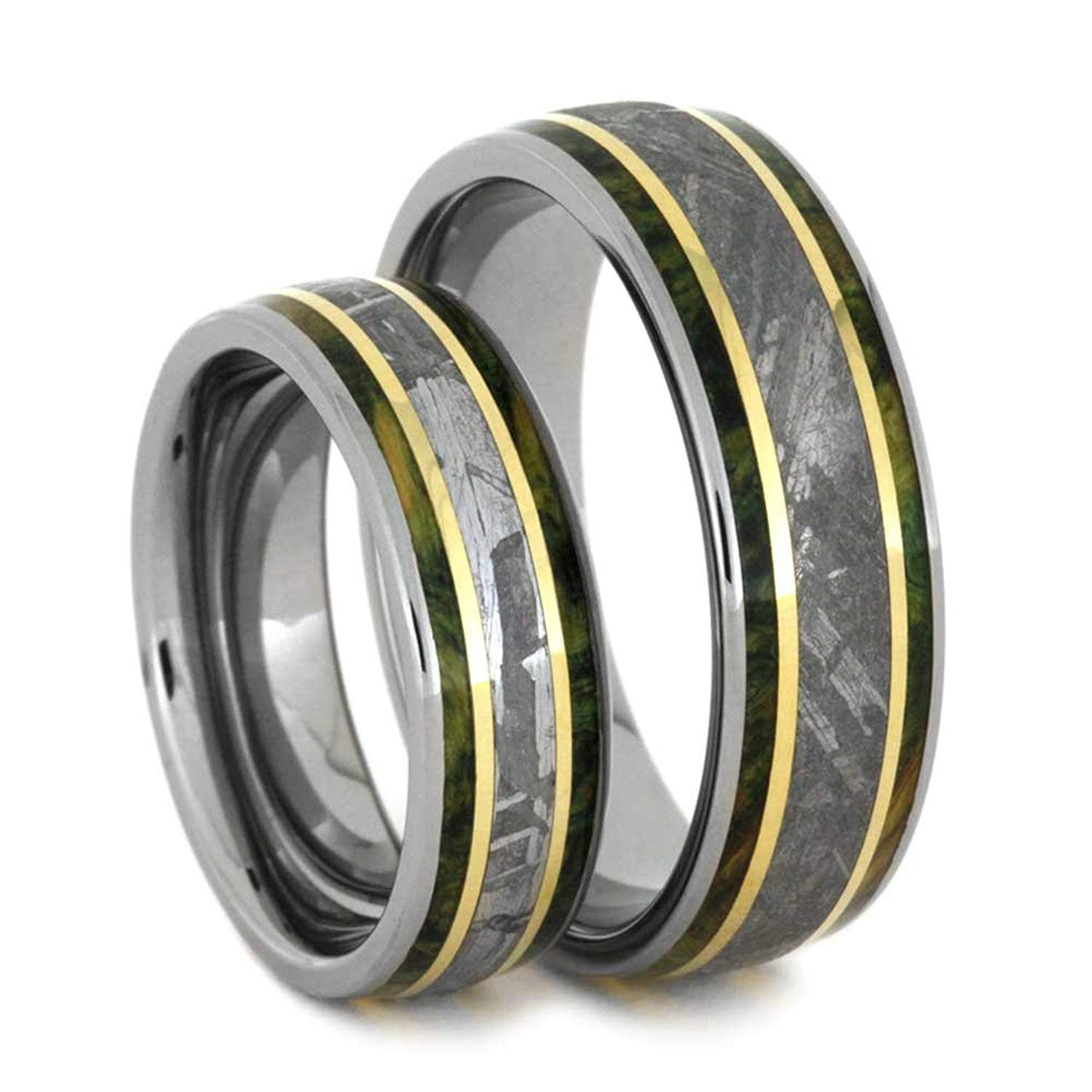 His and Hers Titanium Wedding Band Set, Gibeon Meteorite, Green Box Elder Burl Wood, 14k Yellow Gold Ring