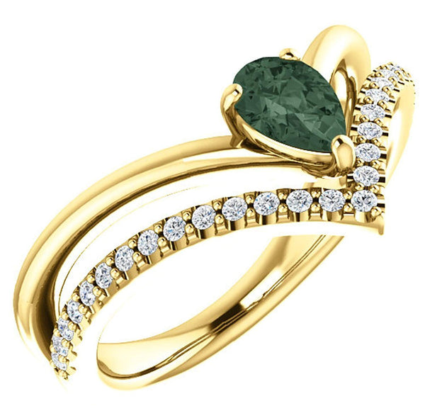 Chatham Created Alexandrite Pear and Diamond Chevron 14k Yellow Gold Ring (.145 Ctw, G-H Color, I1 Clarity)