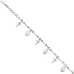 Sterling Silver Cross and Miraculous Medal Adjustable Charm Bracelet, 6"