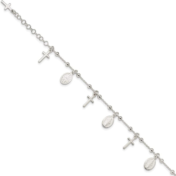 Sterling Silver Cross and Miraculous Medal Adjustable Charm Bracelet, 6"