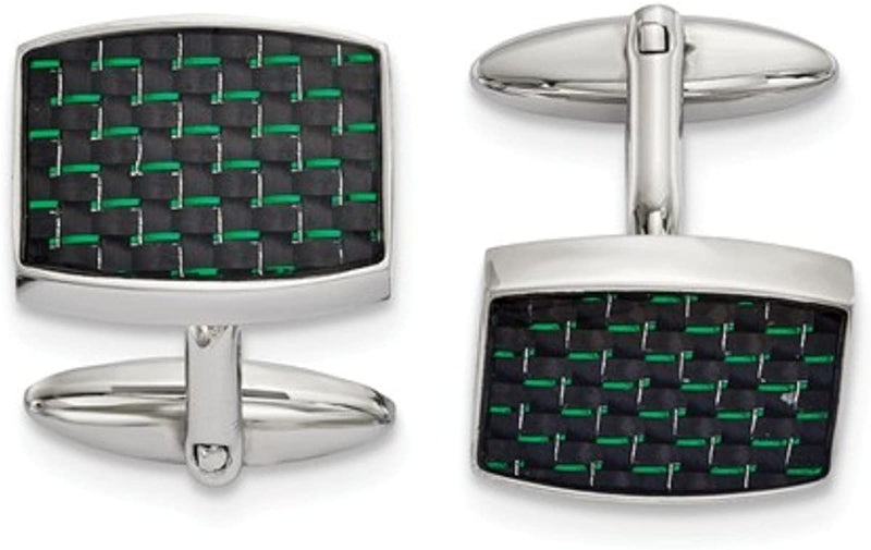 Stainless Steel Black Green Carbon Fiber Inlay Rectangle Cuff Links, 22.72MMX19.25MM