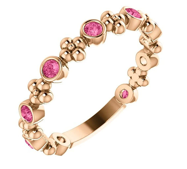 Genuine Pink Tourmaline Beaded Ring, 14k Rose Gold