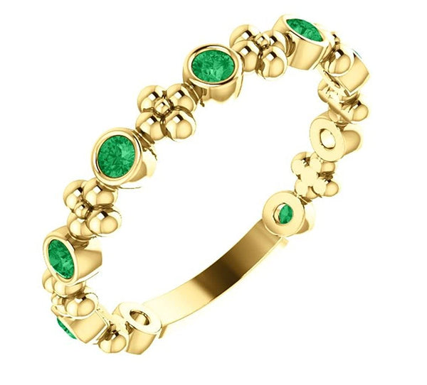 Genuine Emerald Beaded Ring, 14k Yellow Gold