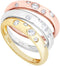 Three Gypsy-Set CZ Stacking Rings, Tri-Color Rhodium Plated Sterling Silver, Size 8