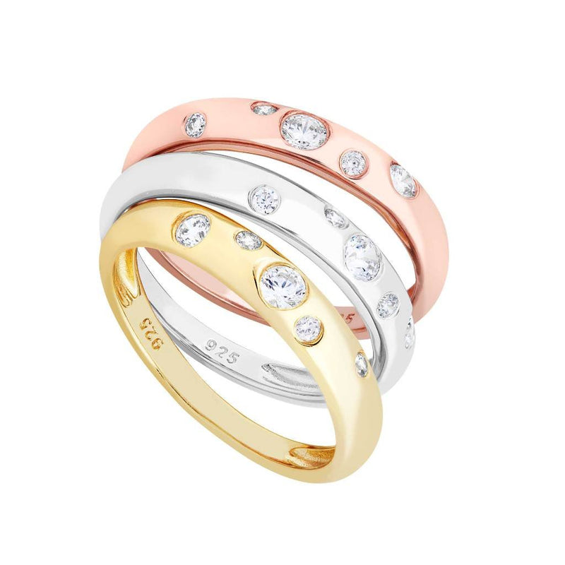 Three Gypsy-Set CZ Stacking Rings, Tri-Color Rhodium Plated Sterling Silver