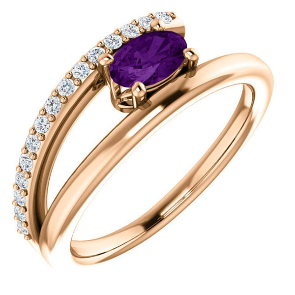 Amethyst and Diamond Bypass Ring,, 14k Rose Gold (.125 Ctw, G-H Color, I1 Clarity)