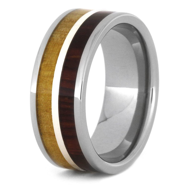 Cocobolo Wood, Birch Wood, Sterling Silver 8mm Comfort-Fit Titanium Wedding Band