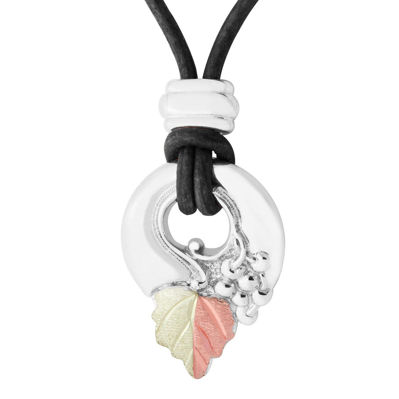 Two-Tone Leaf with Black Cord Pendant Necklace, Sterling Silver, 12k Green and Rose Gold Black Hills Gold Motif, 18"