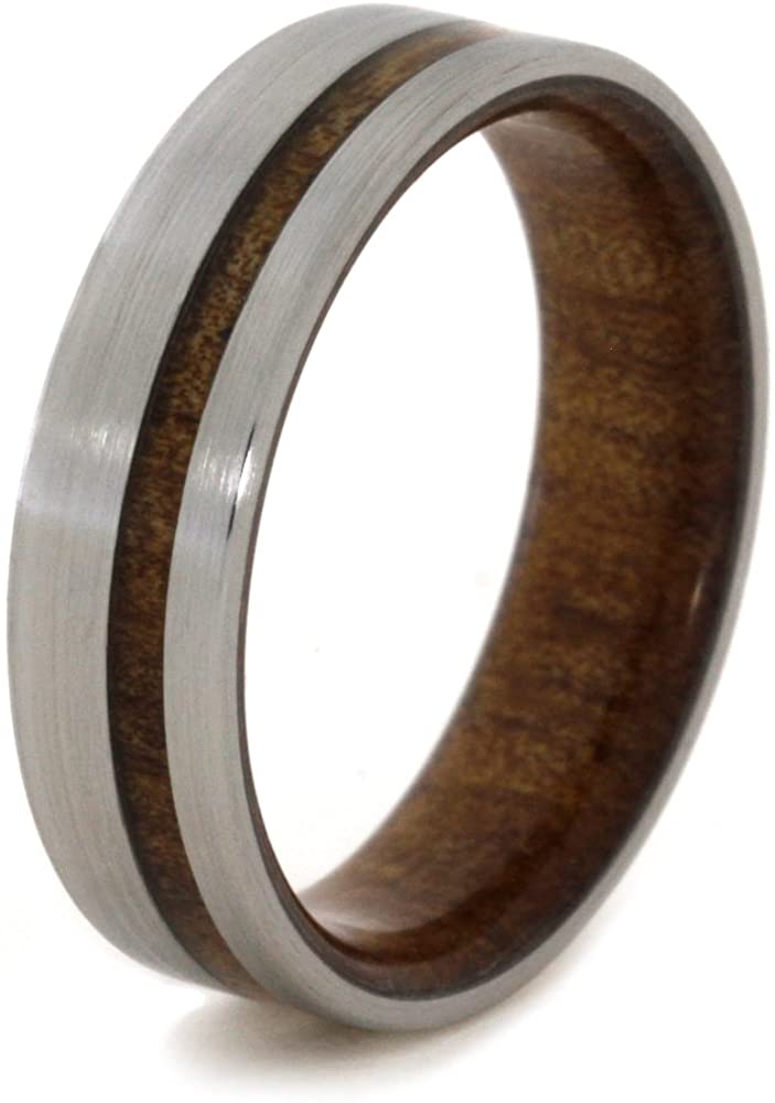 Kauri Wood Inlay 6mm Comfort-Fit Brushed Titanium Wedding Band, Size 10.75