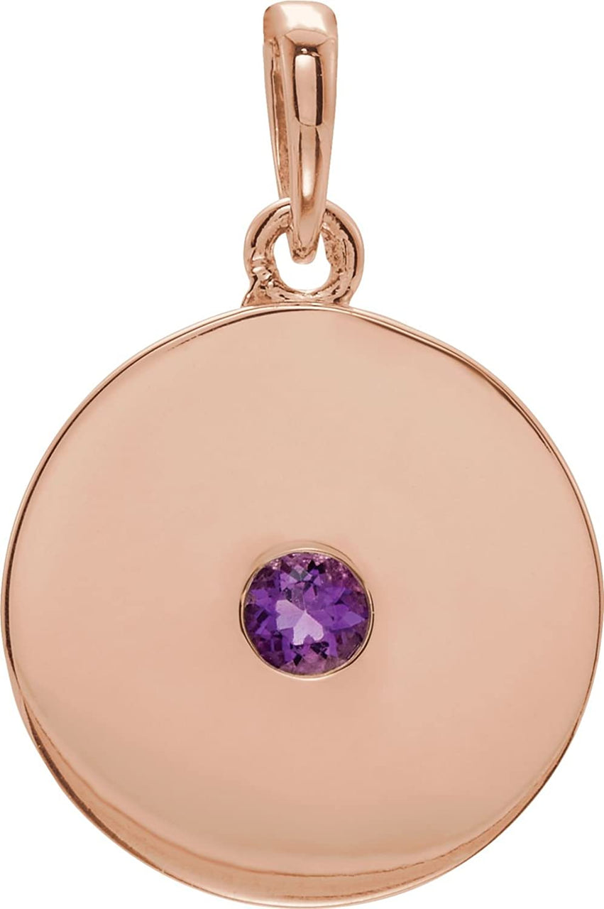 Round Amethyst Disc Pendant, 14k Rose Gold