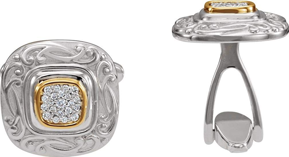 2-Tone Pave Diamond Scroll-Work Square Cuff Links, Sterling Silver, 14k Yellow Gold, (.25 Ctw, GH, I1)