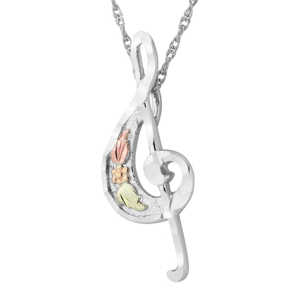 Treble Clef Musical Note Pendant Necklace, Sterling Silver, 12k Green and Rose Gold Black Hills Gold Motif, 18''