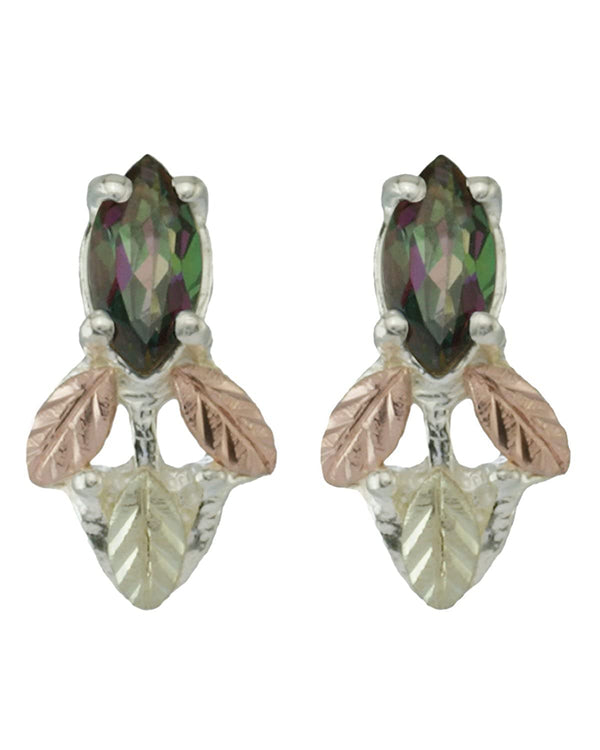 Mystic Fire Marquise Earrings, Sterling Silver, 12k Green and Rose Gold Black Hills Gold Motif