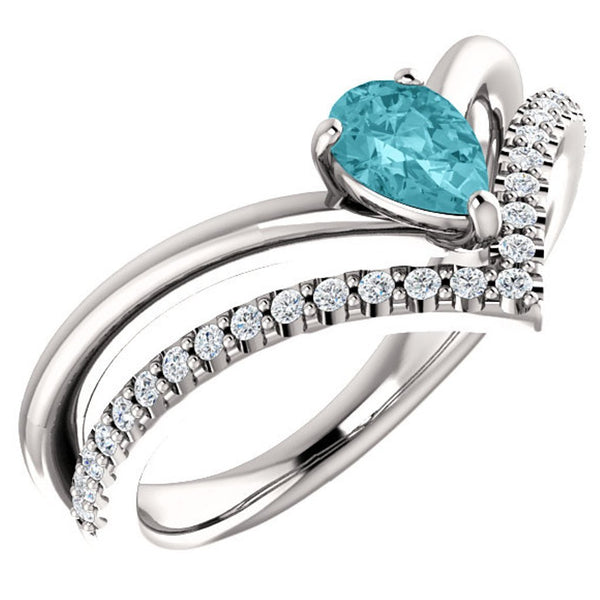 Blue Zircon Pear and Diamond Chevron Platinum Ring ( .145 Ctw, G-H Color, SI2-SI3 Clarity)