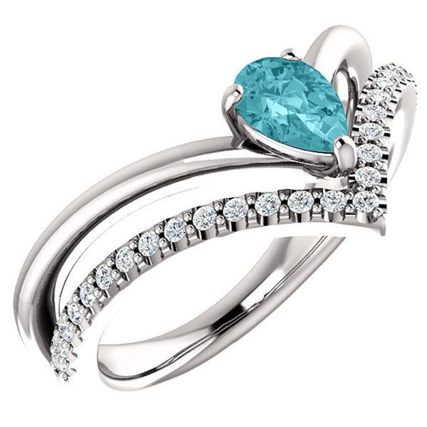 Blue Zircon Pear and Diamond Chevron Rhodium-Plated 14k White Gold Ring (.145 Ctw, G-H Color, I1 Clarity), Size 8