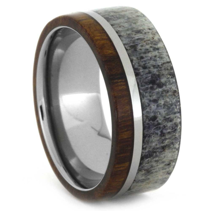 Diamond, Mother of Pearl, Ironwood Engagement Ring, Deer Antler, Ironwood, Titanium Band and His and Hers Wedding Band Set Size 16